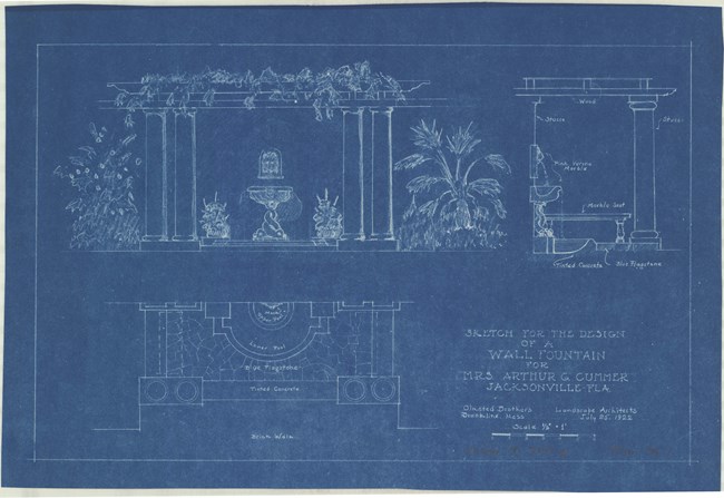 Blue paper with white lines of sketches of garden with pillars, a veranda, and plantings