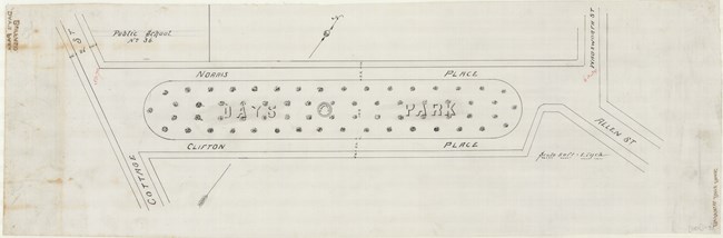 Pencil drawing of oval park within four straight roads with trees spread around the park and a fountain at the middle.