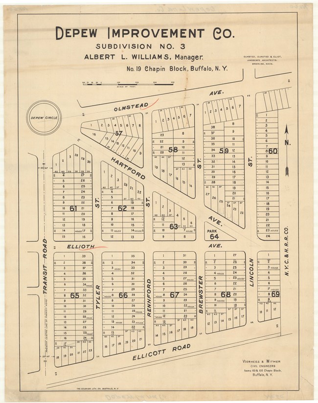 Pencil drawing of community with diagonal roads leading out from one circle, with lots in between the main roads.