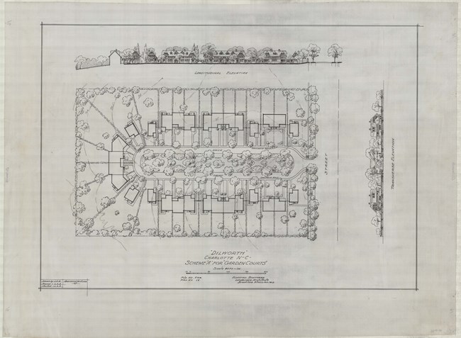 Pencil drawing of rectangle of lots, with homes at the front of the lots, and large open space at the back. All homes face a rectangular park area.