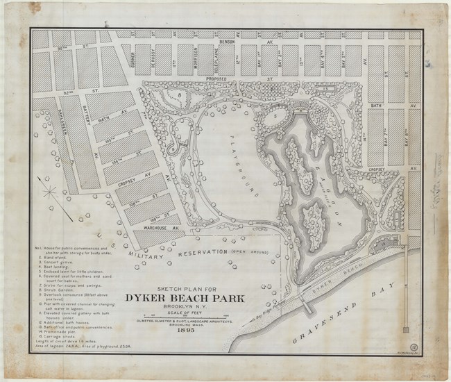Pencil drawing of area by water with large open space with playground with straight lines leading to the park site.