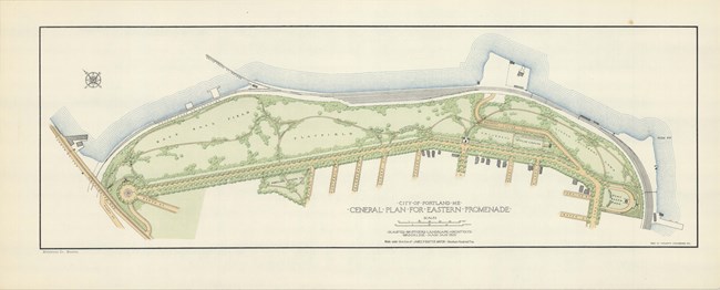 Pencil plan of long park along the water on one side and road on the other, with open ball fields and curving roads.