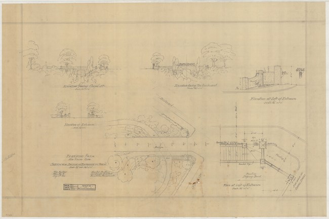 Pencil drawing of trees by a bridge, aerial view of a road lined with trees, and an entrance to the park.