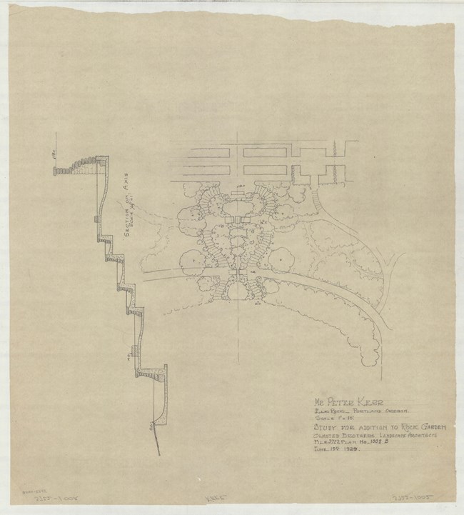 Pencil drawing of symmetrical plan with two roads cutting through hill with two curving stairs on both side lined with trees leading to a home.