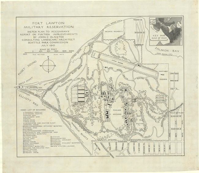 Pencil drawing of large park on water in shape of birds head with many curving paths and some open space.