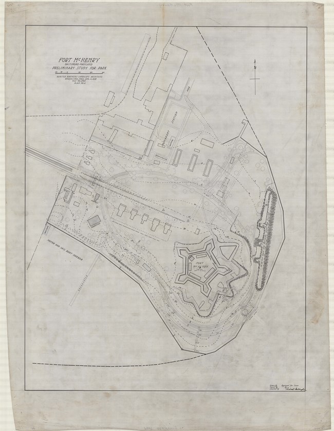 Pencil drawing of plot of land with many buildings on it and the fort has five points like a star.