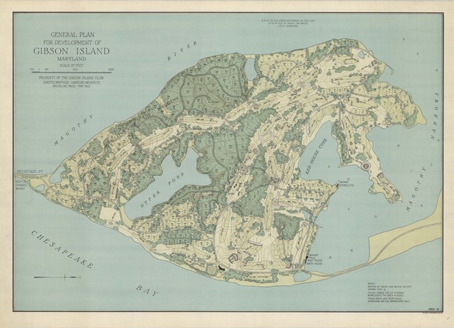 color drawing of island broken into lots of lands with a large area being used for golf courses