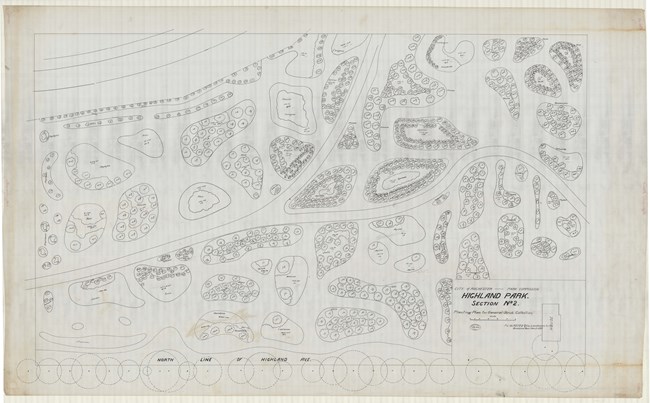 Pencil drawing of park with road cutting through and many circular areas. Each circular area is filled with numbers, representing a plant.