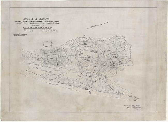 Pencil drawing of community showing topographical lines and few buildings.