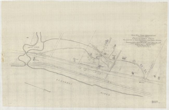 Pencil drawing of straight road with other roads leading up perpendicularly with curving road cutting across with buildings spread out.