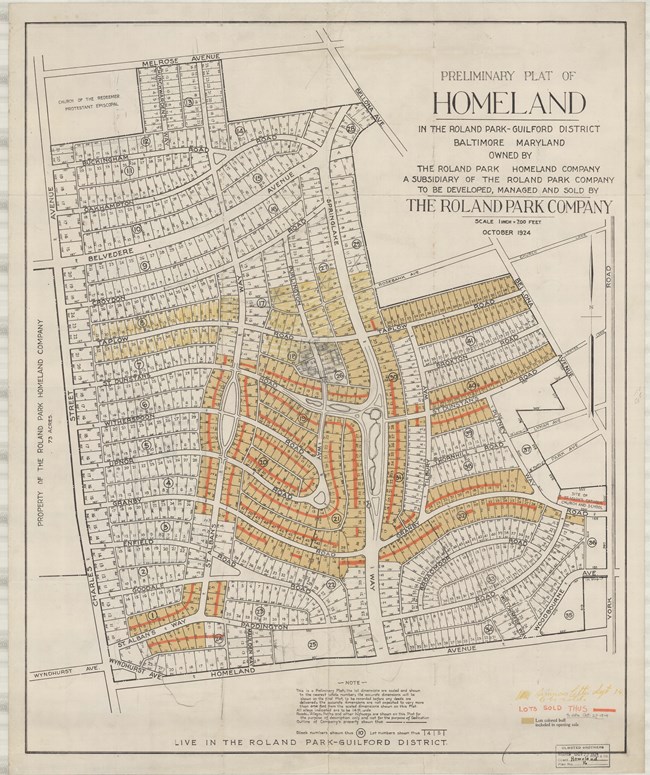 Pencil map of subdivision with curving roads and many small lots.