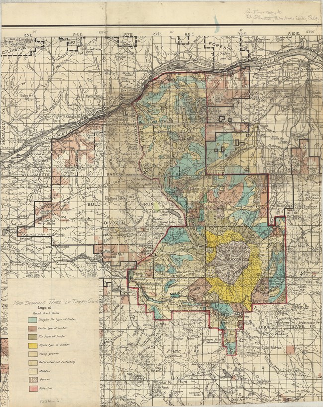 Map of Mount Hood with different colors representing the different types of trees present