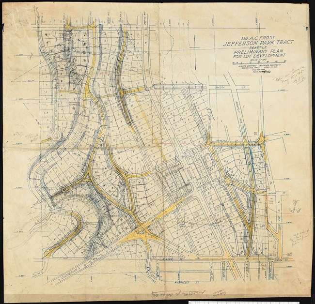 Pencil drawing of community with curving roads but mostly square home plots going nestled up to the street.