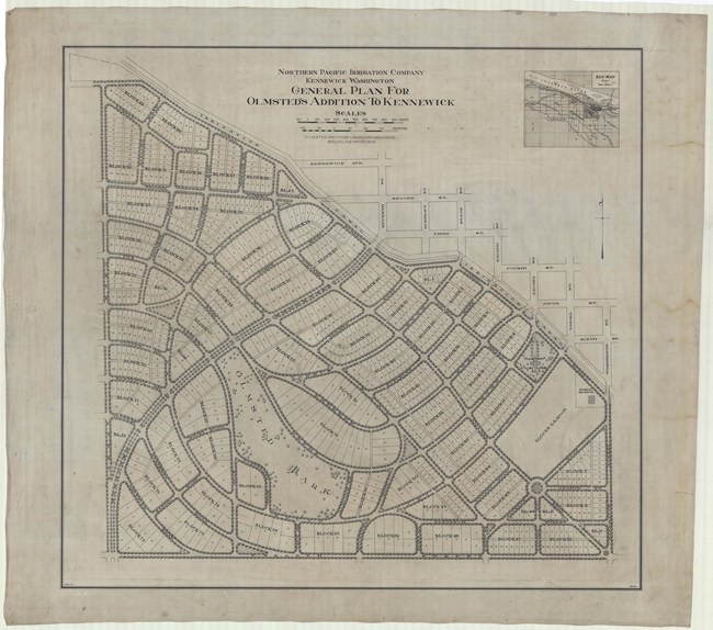 Pencil drawing of community with many curved roads, all lined with trees. In between the roads are square lots for homes