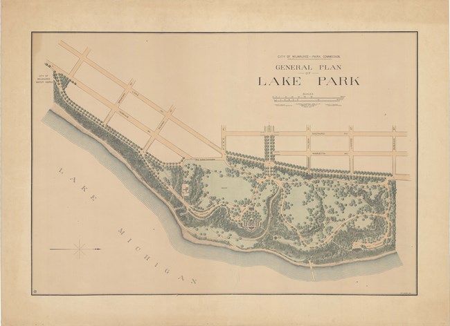 Pencil plan of park on shore of lake Michigan with roads leading up to it. There are many curved paths with some open space, and many paths lined with trees.