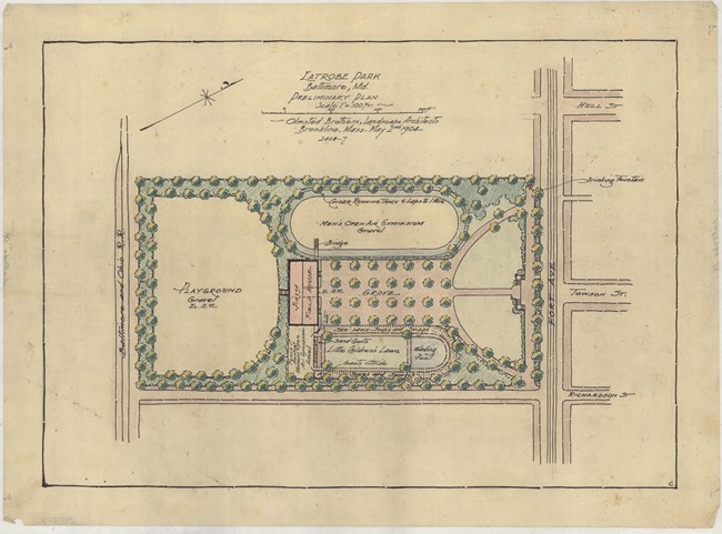 Pencil drawing of square area with sections of open space lined with trees.