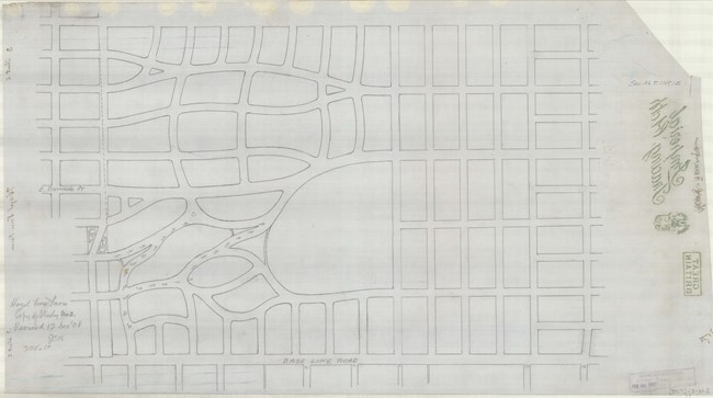 Pencil drawing of grid pattern of streets, with one section with curved roads and a larger open area than plots