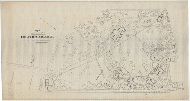 Drawing of plan for the Lawrenceville School, with curving paths surrounded by trees and buildings, also surrounded by trees.