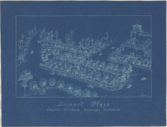 Sketch on blue paper with white pencil a large rectangular plaza with trees on the edges, with roads leading towards it