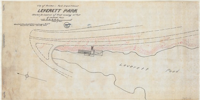 Pencil drawing of road by pond with building next to road and water.