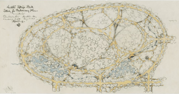 Pencil drawing of circular park with two bodies of water at the bottom section, with curving paths inside and one around the perimeter, all lined by trees.