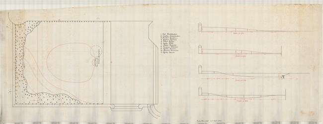 Pencil drawing of square plot of land with small building on it, with the back area planted with dense trees. There are also small sketches of elevation changes.