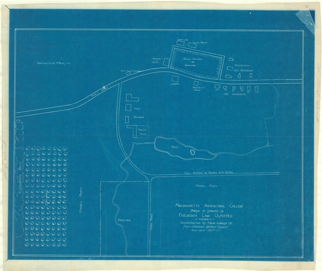 Blueprint of campus with large open space and building on the edge