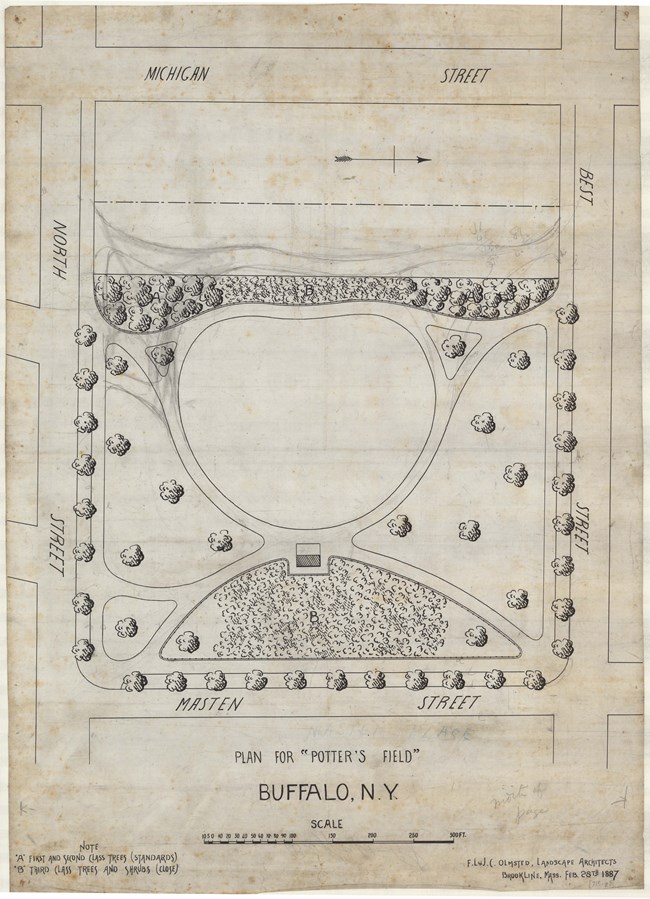 Pencil drawing of rectangular park kept in by streets lined with trees with paths cutting through.