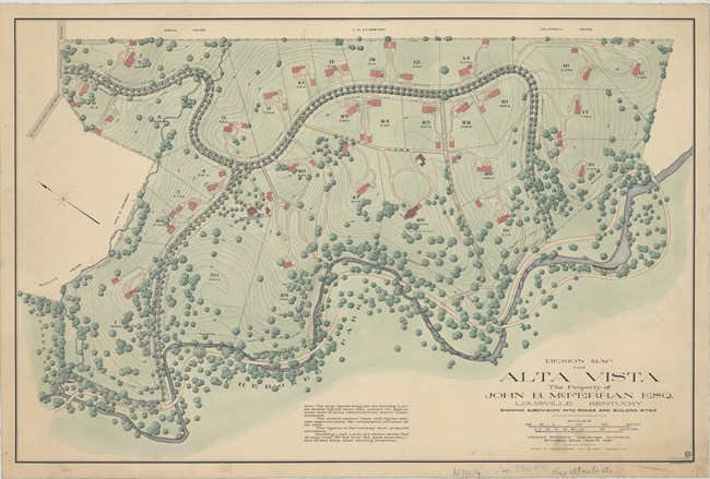 Colored pencil drawing of community with topographical lines, curving roads, some lined with trees, and lots for homes, with river on bottom part of community.