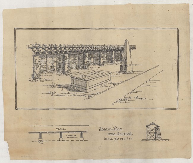 Pencil sketch of small obelisk, large stone casket, and wall with tile roof.