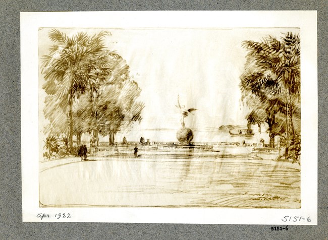Pencil sketch of large memorial with large trees on the side and an open space in the middle.