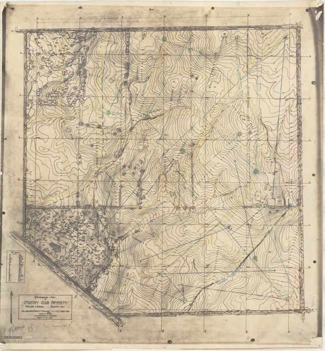 Pencil drawing of plan for country club property, almost in a square except one corner is missing. The plan is filled with topographical lines.