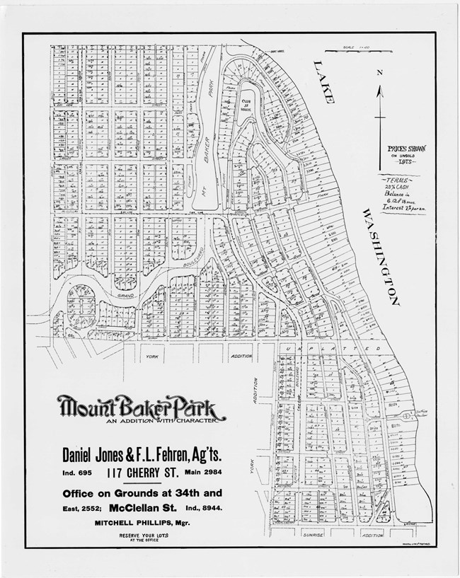 Pencil drawing of community with river cutting through it along the shore of Lake Washington. Roads are straight with square lots.