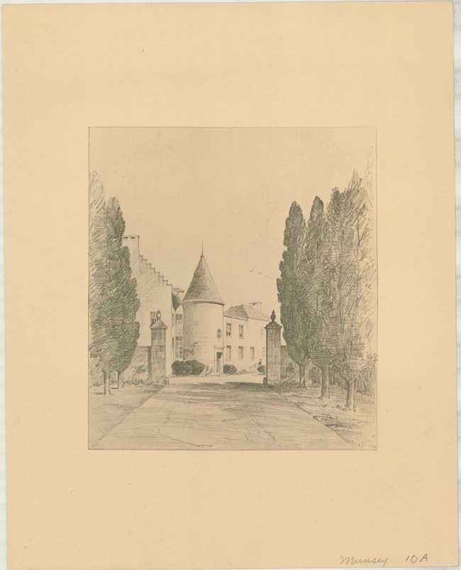 Pencil drawing of road lined with trees leading up to home