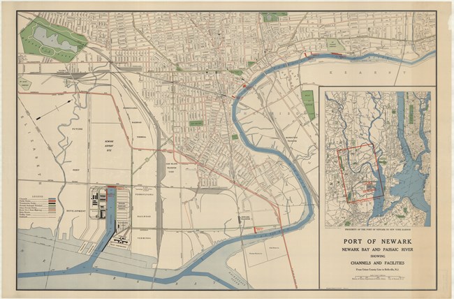 Map of Newark with gridded road system and many park land spread out across the area.
