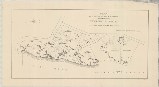 Pencil drawing of curving road on shore of Almy Pond with lots for home, small homes and some trees.