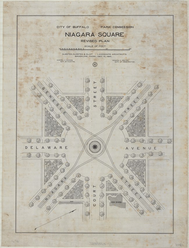 Pencil drawing of square park with three roads intersecting , leaving a spot in the middle and little parks between trees