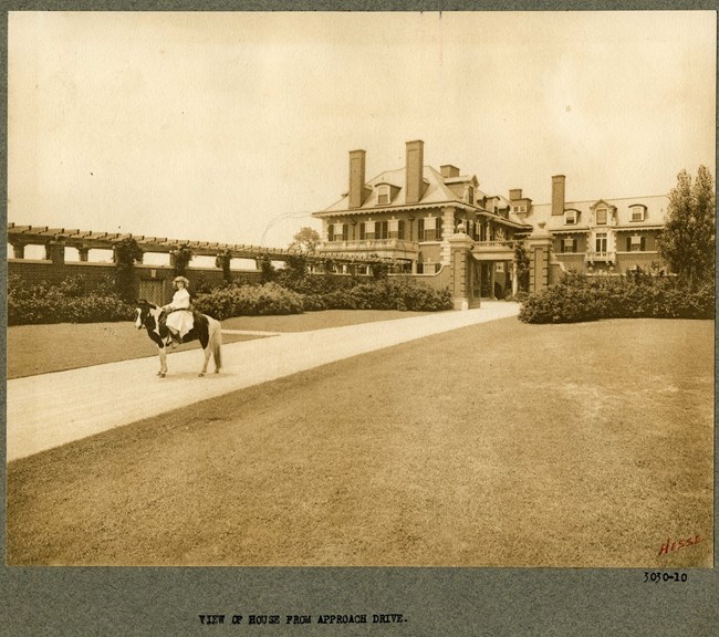 Black and white of flat grassy area with road leading up to a large house. On road is woman riding a horse, with shrubs planted densely along the edge of the road.