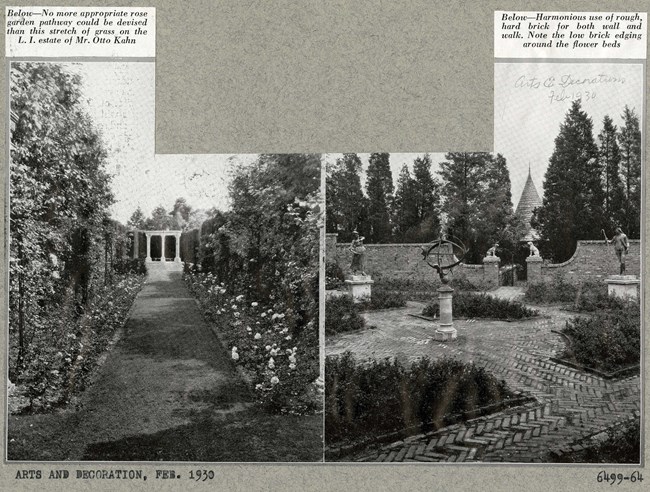 Black and white photograph of garden area, with lots of statues and paths lined by trees