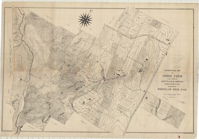 Pencil drawing of Ophir farm with many lines showing topography