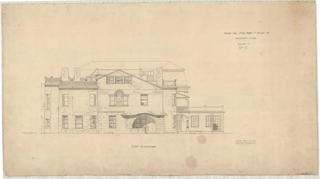 Pencil drawing of front of home with arch and porch.