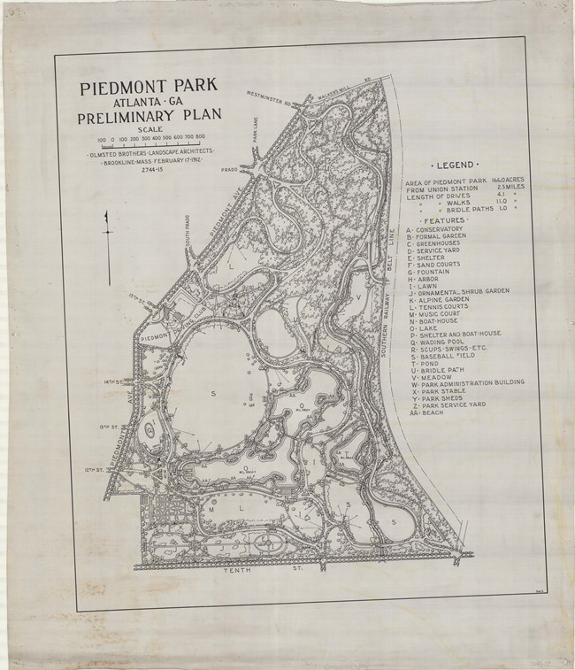 Plan for Piedmont Park, with curving paths cutting through green spaces, with some becoming large open areas