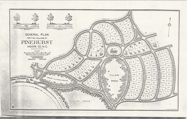 Map of community, with many curving roads, all lined with trees, house lots, and a central, oval village green.