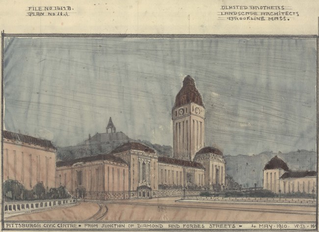 Colored drawing of large building on street with other buildings rising up in the distance.