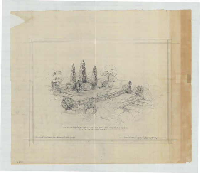 Pencil drawing of burial lot, with separations by rows of trees and stone walls. The central grave is like half circle with man in a suit standing in front