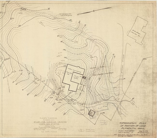 Pencil drawing of map with many lines, with many close together showing the topography, with a few buildings on the sides