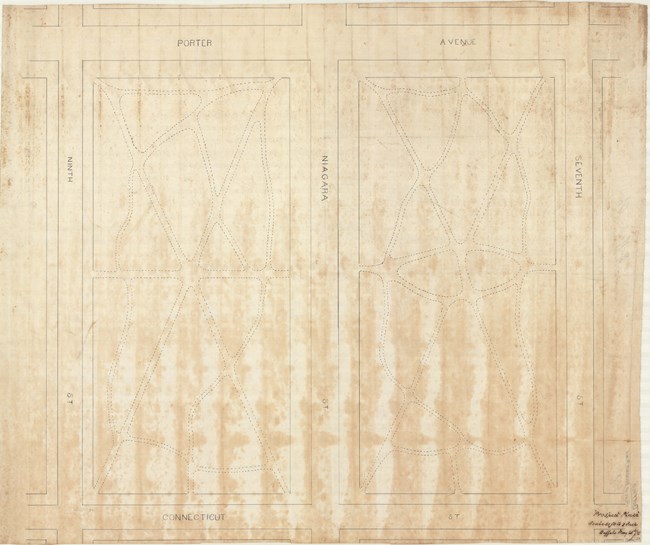 Pencil drawing of two rectangular parks separated by a straight road and straight roads surrounding them. there are curving paths inside both parks.