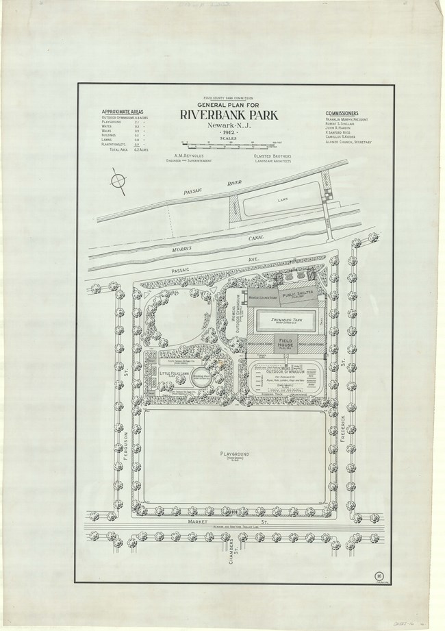 Pencil drawing of square park enclosed by roads with each of the roads lined with trees with bottom rectangle all open and top part of park broken into sections with curved paths and some buildings.