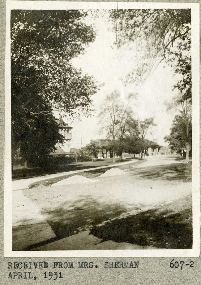 Black and white of curving cross walk cutting through grassy area with some trees, and buildings in the distance