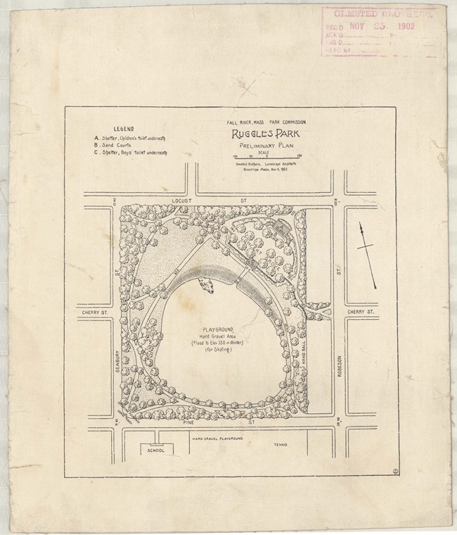 Pencil drawing of rectangular small park nestled within city streets with large open space in middle called playground and many curving paths and more trees.